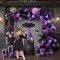 Purple Black Balloon Arch Garland Kit with Gothic Backdrop, Bow Star Mylar Balloons, Black White Striped Party Decor for Gothic Birthday, Halloween, K-Pop & Spooky Themed Events